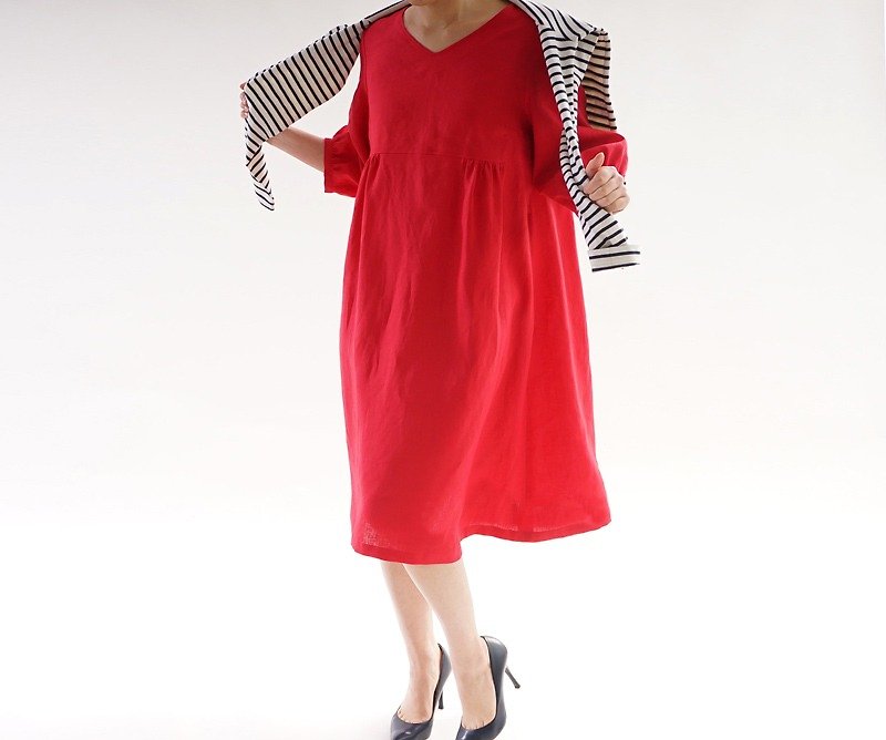 linen / linen dress / midi dress / 3/4 sleeve / V neck / a57-7 - ชุดเดรส - ผ้าฝ้าย/ผ้าลินิน สีแดง