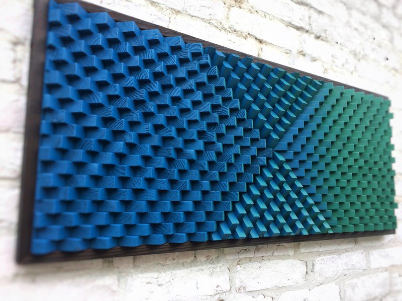 3D Wood Wall Art - Geometric Green Blue Modern Art - Acoustic Sound Diffuser - 壁貼/牆壁裝飾 - 木頭 