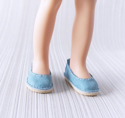 TataDollWardrobe Summer leather shoes for 13 inch doll, Doll outfit, Blue genuine leather shoes