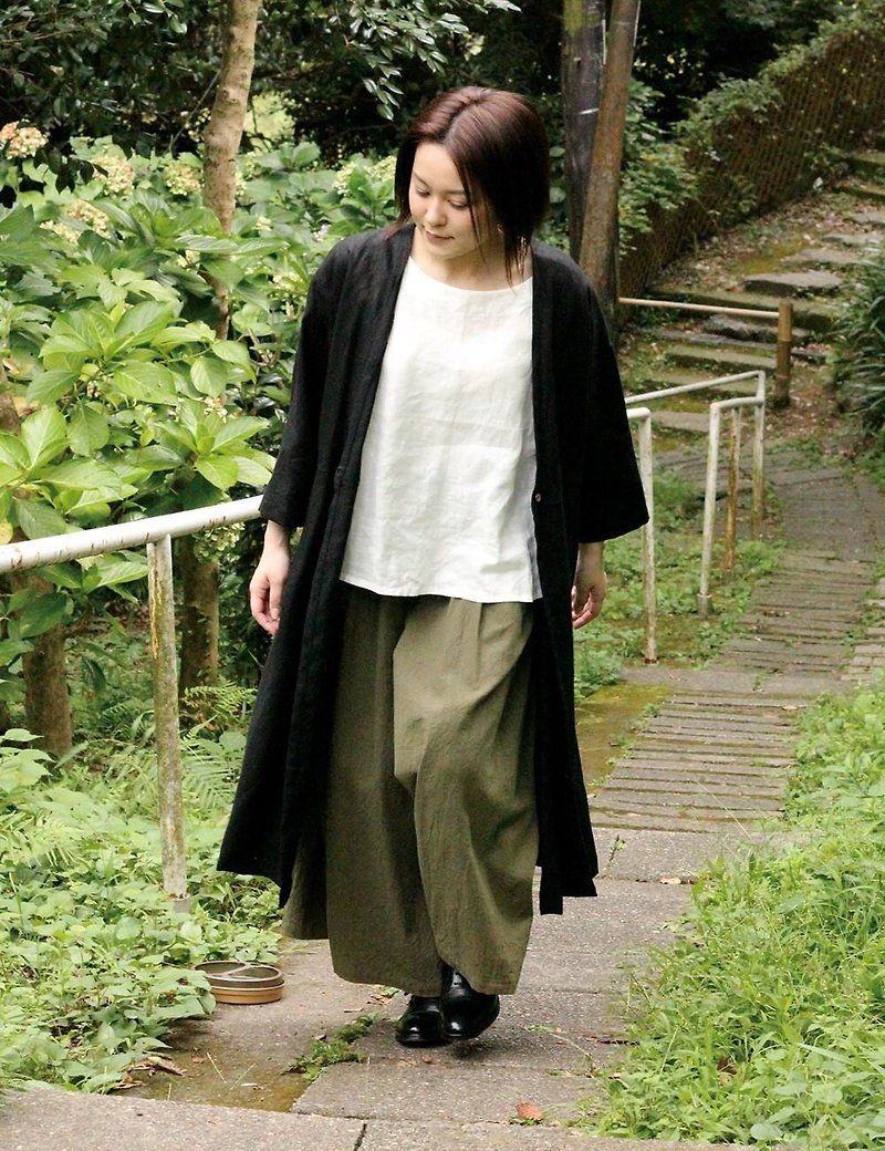 Linen long cardigan coat - เสื้อผู้หญิง - ผ้าฝ้าย/ผ้าลินิน สีดำ