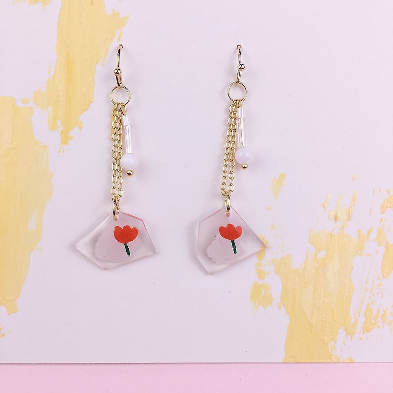 Small red flower earrings - ต่างหู - เรซิน 