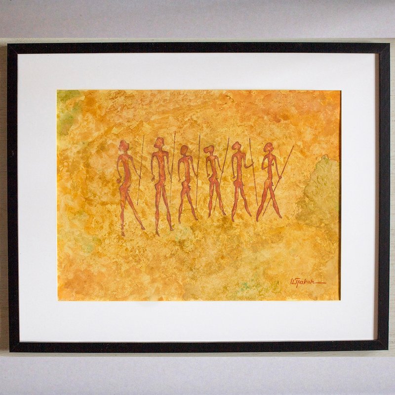 Men are warriors painting interior Prehistoric art Watercolor end pastel drawing - Posters - Paper Orange