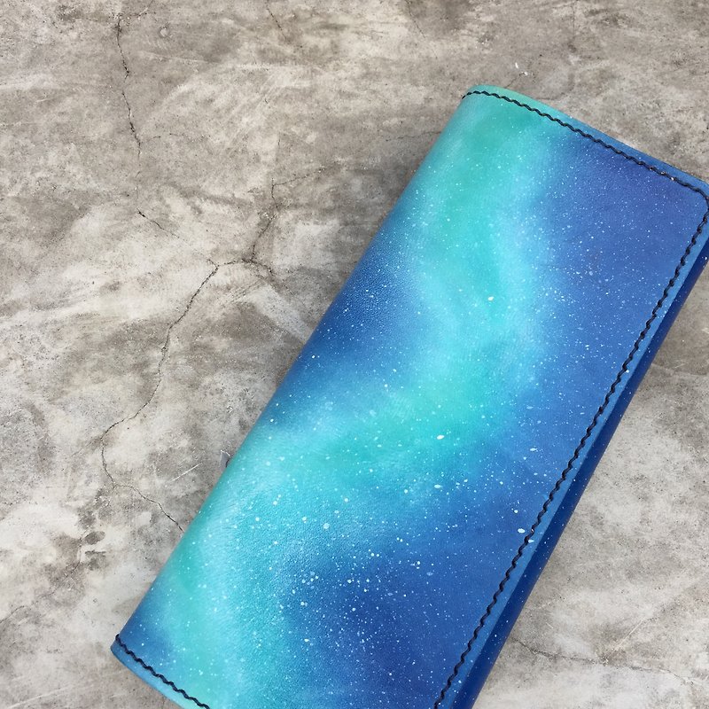 Hand-dyed leather long wallet long clip (blue-green aurora starry sky series) - Wallets - Genuine Leather Blue