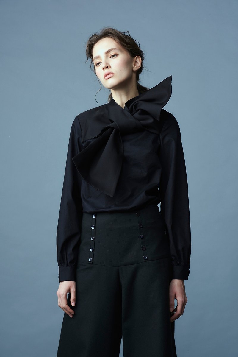 Black tied bow shirt - Women's Tops - Cotton & Hemp Black