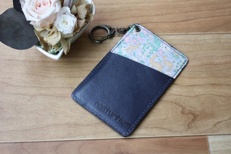 Pass Case Navy of cow leather and Liberty print - ID & Badge Holders - Genuine Leather Blue