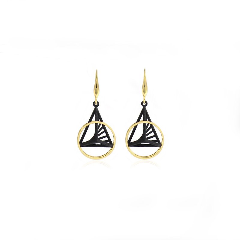 【String Art】3D Printed Geometrical Pyramid with Cylindrical  Earrings (Gold) - ต่างหู - โลหะ สีทอง