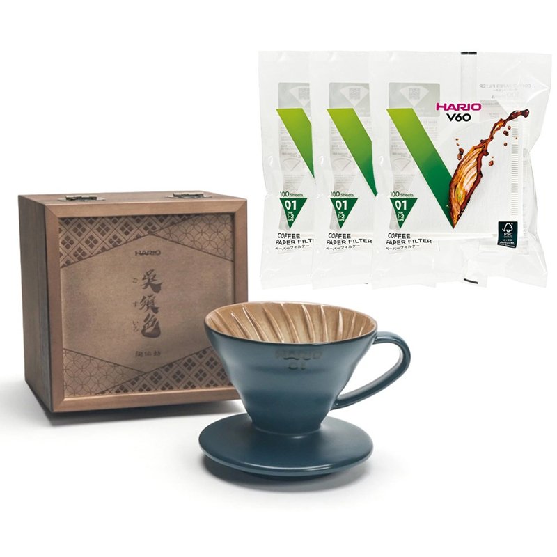 【HARIOx陶作坊】V60吳須色01懷汝濾杯 贈濾紙3包 - 咖啡壺/手沖壺 - 陶 藍色