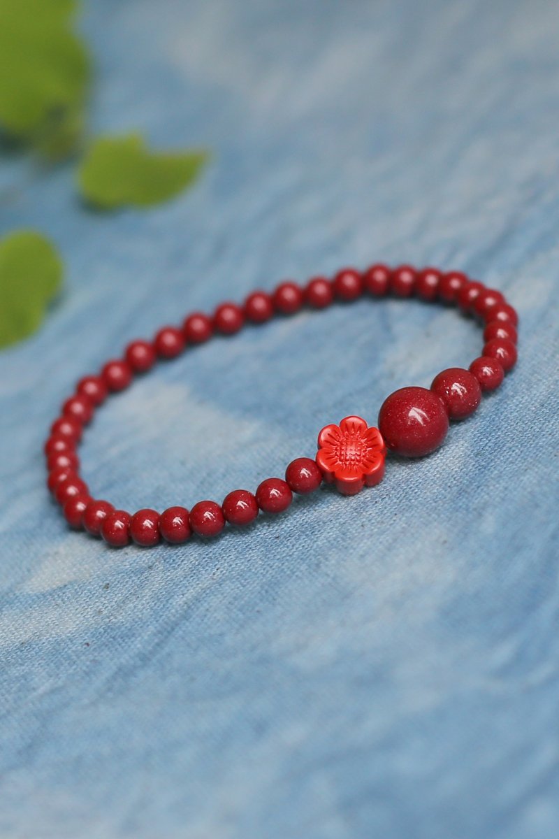 春秋手作 | 水云紋 水飛砂花朵 | 4mm高含量硃砂 | 細款手鏈 - 手鍊/手環 - 半寶石 紅色