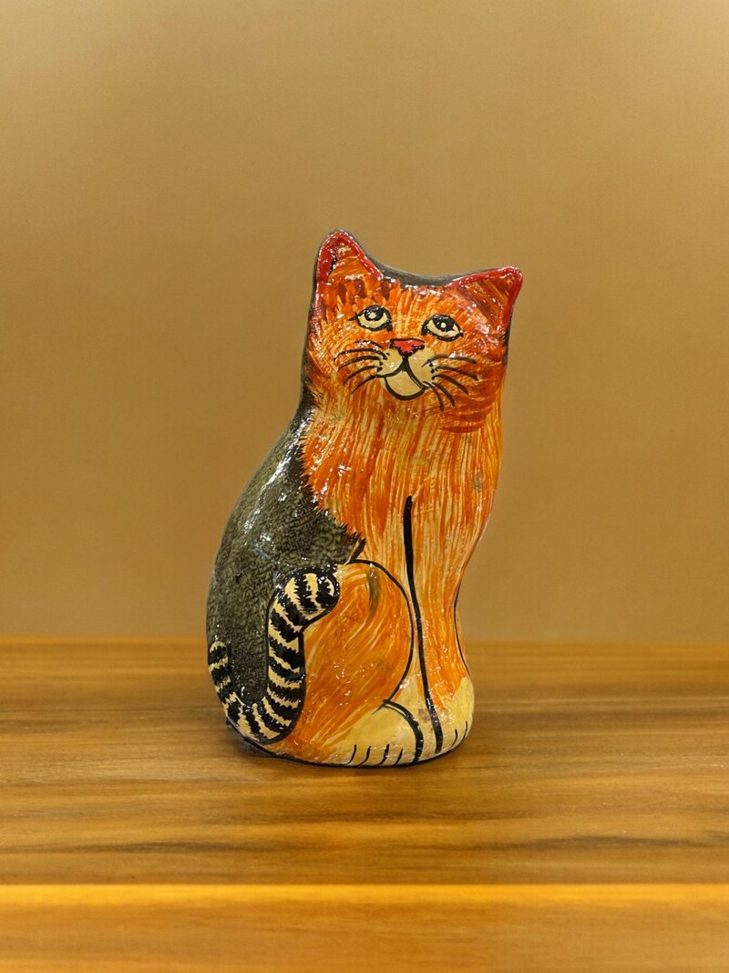 Handmade lacquered paper ware painted cat ornaments from Kashmir, India - Persian cat - Items for Display - Wood Orange