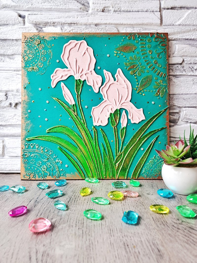 Irises on turquoise Original texture painting plywood art Mandala wall decor - Wall Décor - Wood Green