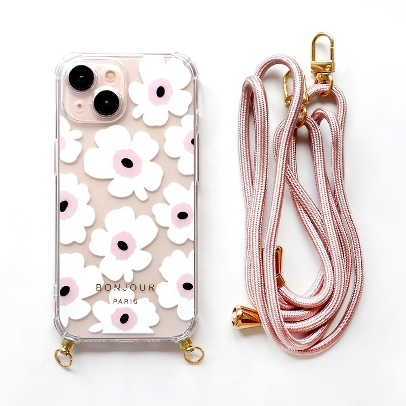 iPhone15/14/13 法式甜粉小花棉繩背帶手機殼 - 手機殼/手機套 - 塑膠 粉紅色