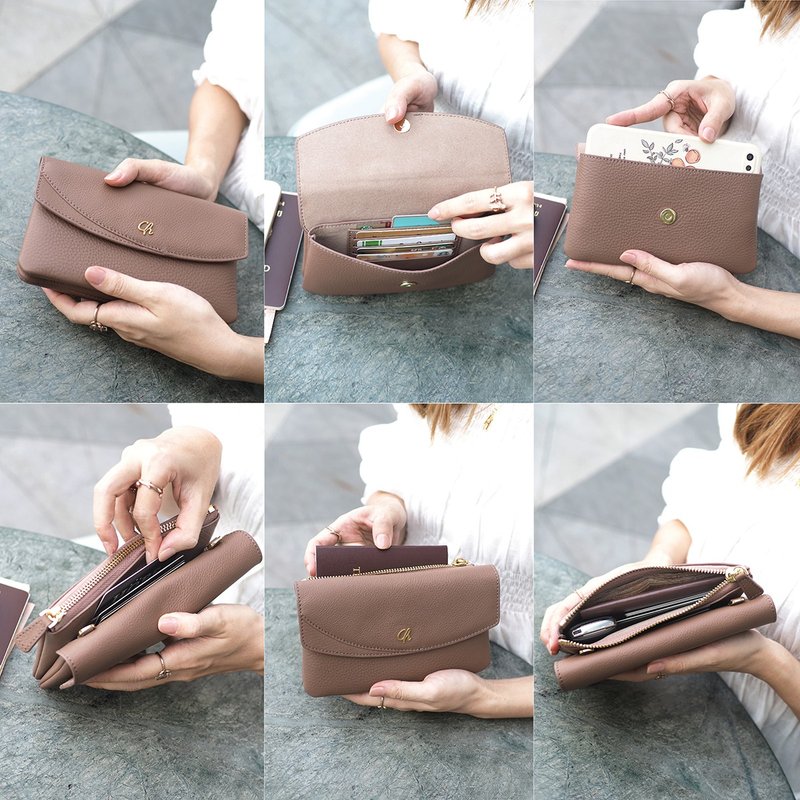 Millie (Woodrose) : Long wallet, Cow leather, Clutch, Crossbody bag, Brown tone - 皮夾/長短夾/錢包 - 真皮 咖啡色