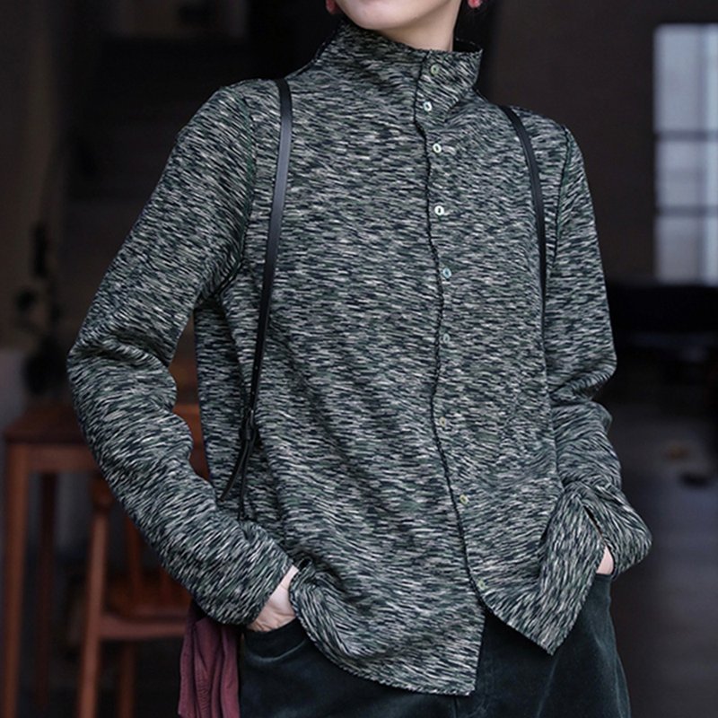 Three-season soft AB color double-layer cloth half turtleneck open placket reversible knitted shirt - เสื้อผู้หญิง - ผ้าฝ้าย/ผ้าลินิน 