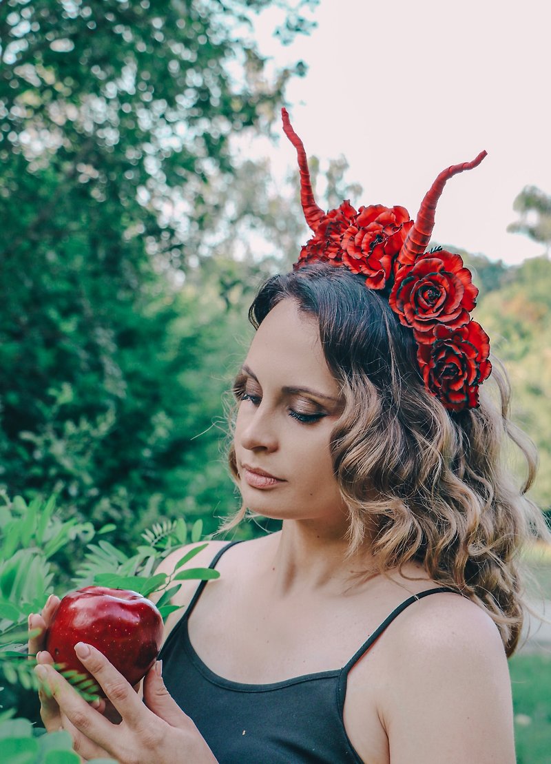 Other Materials Hair Accessories Red - Demon Horns headpiece Flower woman crown Cosplay Festival headdress Devil horns