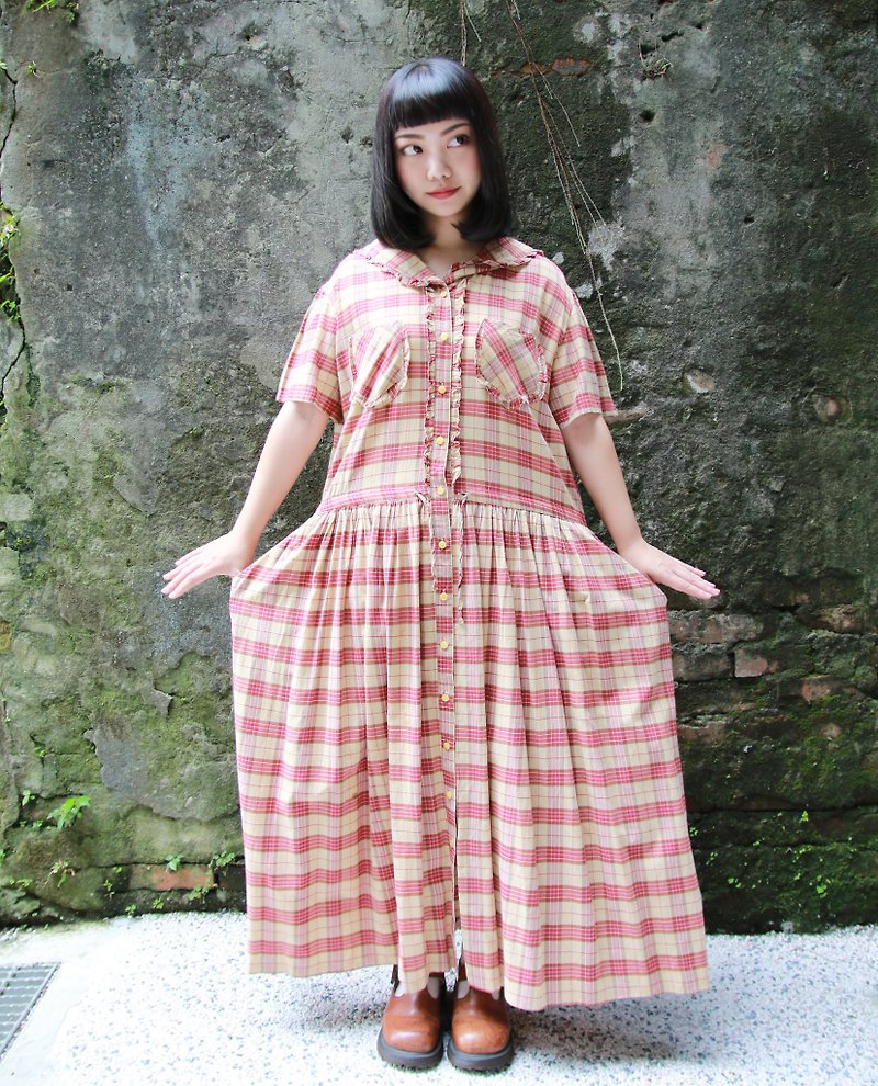 Back to Green :: Caramel Strawberry Grunge Sailor Collar vintage dress (D-09) - One Piece Dresses - Cotton & Hemp 