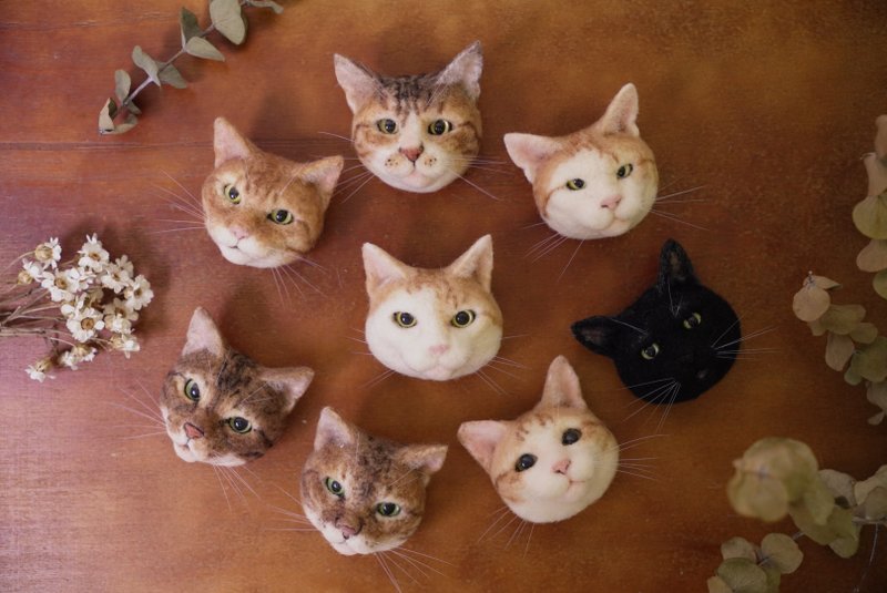 客製化貓咪大頭別針/可改鑰匙圈 - 徽章/別針 - 羊毛 