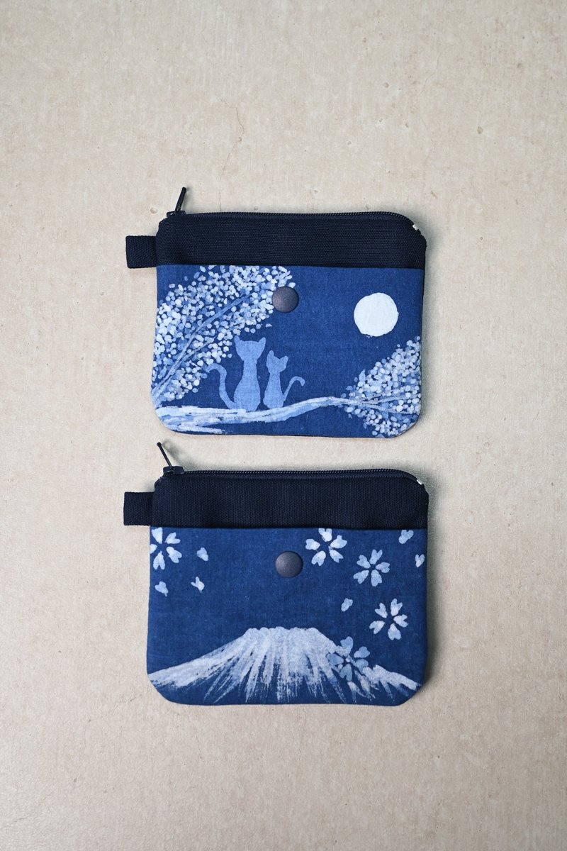 【記憶有限】藍染ファスナーポーチ - 猫／富士山 - コインケース・小銭入れ - コットン・麻 ブルー