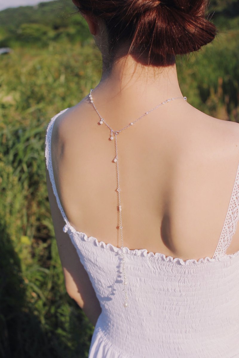 *hippie* Dear│Bridal Pearl & Crystal Backdrop Silver Necklace - Necklaces - Gemstone White
