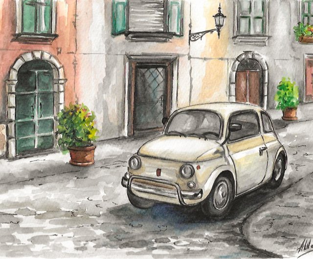 レトロな車の絵 水彩画 オリジナルアート 風景 イタリア 都市景観 - ショップ AsheArt ポスター・絵 - Pinkoi