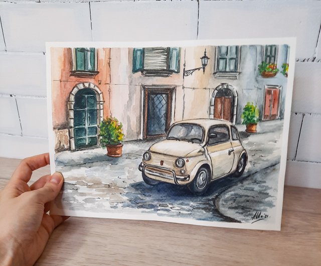 レトロな車の絵 水彩画 オリジナルアート 風景 イタリア 都市