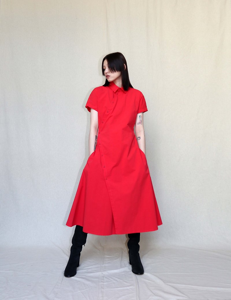 南瓜Vintage。TOMAS MAIER 斜釦 橘紅 短袖 洋裝 - 連身裙 - 棉．麻 紅色