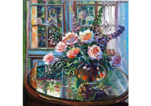 油彩画 バラの花瓶 シルバーフレーム付き 0282.jpg