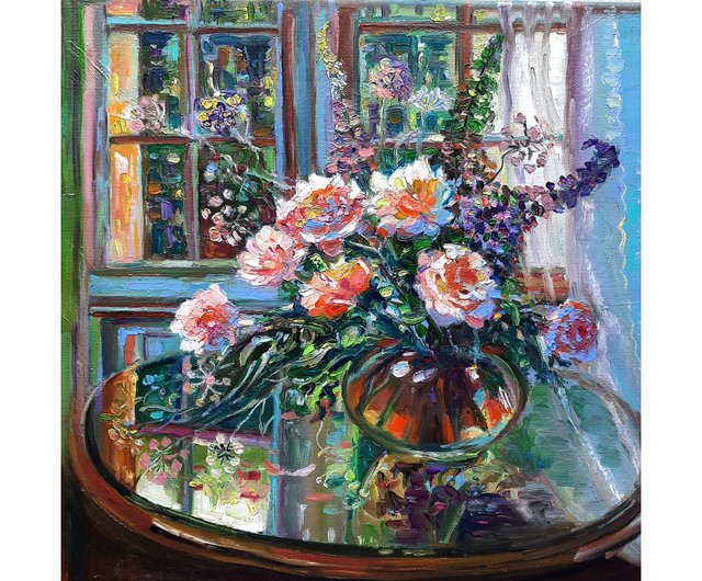 花瓶の中のバラの絵画 オリジナルアート 油絵 キャンバスに油彩