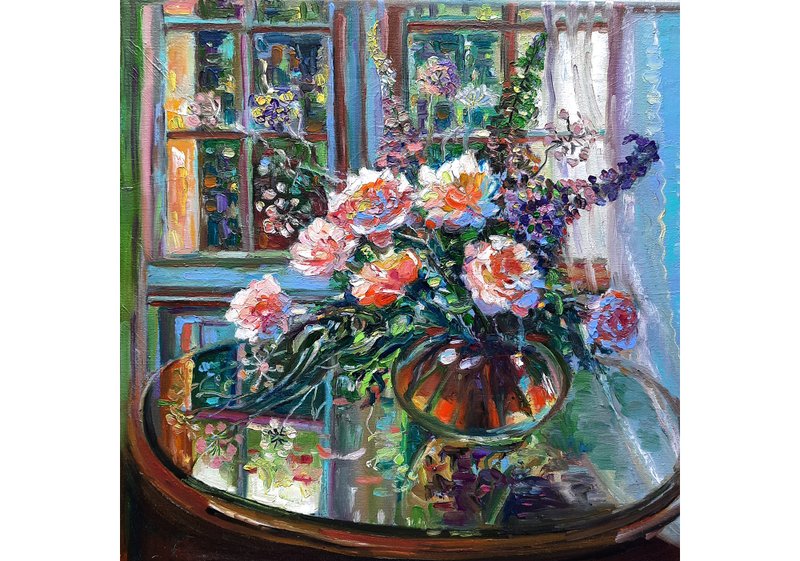 Roses  in a Vase  Painting  Original Art  Oil Painting   Oil On Canvas 30by30sm - 壁貼/牆壁裝飾 - 其他材質 粉紅色
