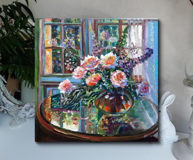 花瓶の中のバラの絵画 オリジナルアート 油絵 キャンバスに油彩