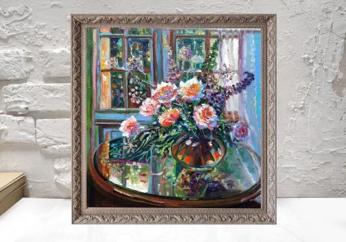 花瓶の中のバラの絵画 オリジナルアート 油絵 キャンバスに油彩