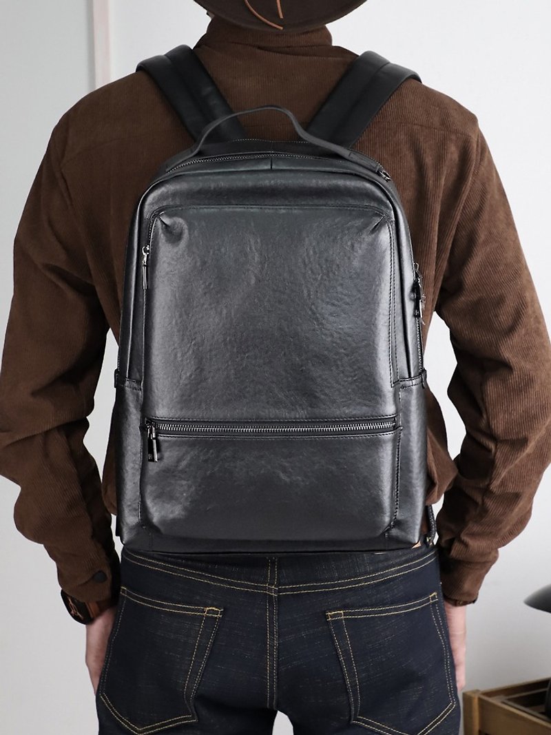 Genuine Leather Double-layer Laptop Backpack Fit For 14'' Double Shoulder Bag - กระเป๋าเป้สะพายหลัง - หนังแท้ สีดำ