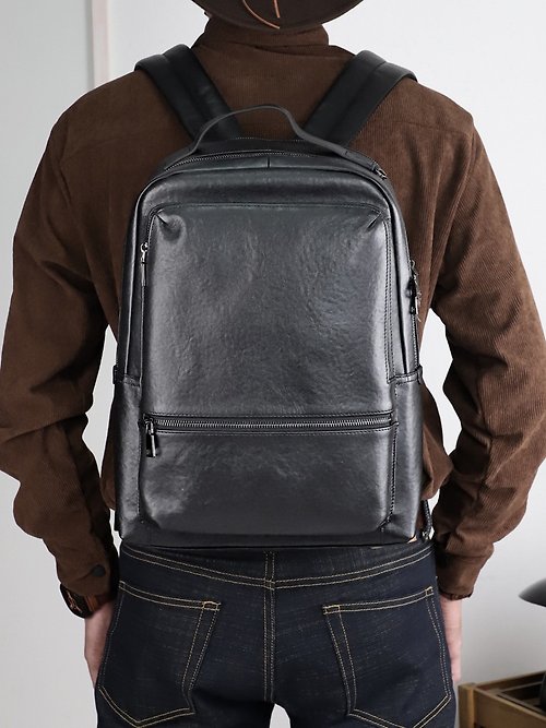 Piboles 真皮雙層筆電背包 適用14吋 通勤商務牛皮雙肩包