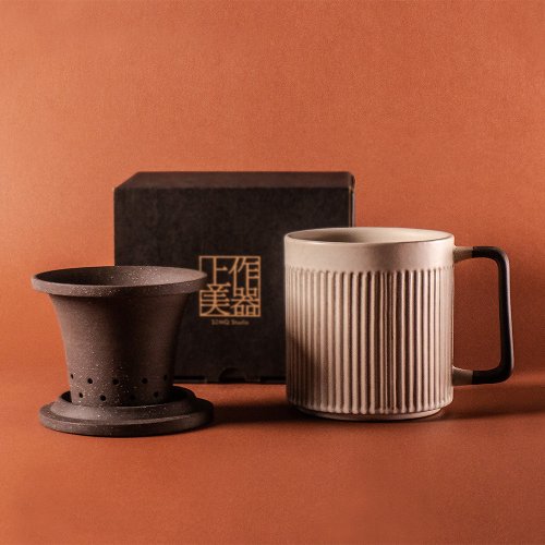 上作美器 粉引白-直紋馬克杯550ml泡茶杯、內膽、蓋 三件式