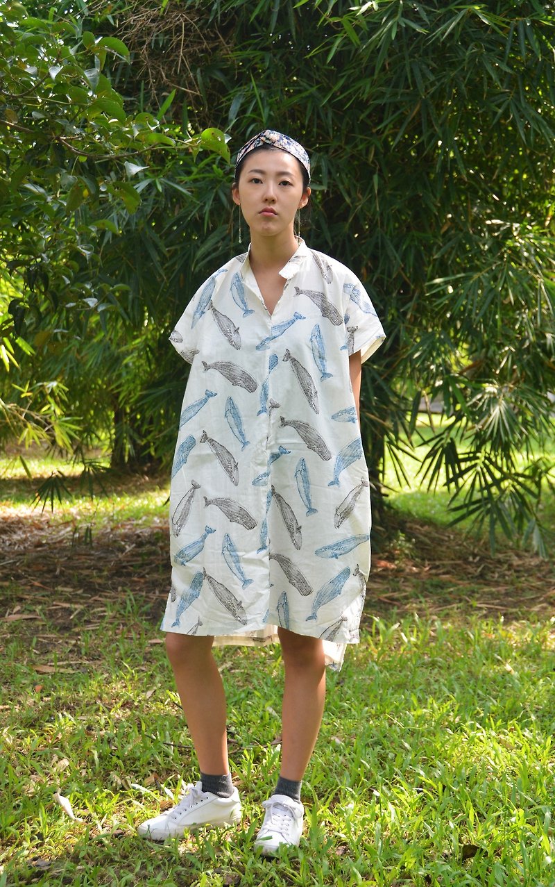 Autumn and whale long plain shirt [rice dress] - One Piece Dresses - Cotton & Hemp White