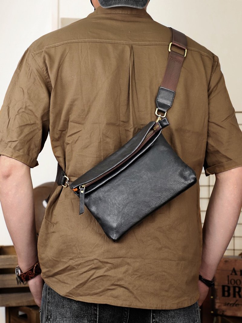 植鞣牛皮單肩包 隨身側背包 大容量手拿包 斜跨包 兩種使用方式 - 側背包/斜背包 - 真皮 黑色