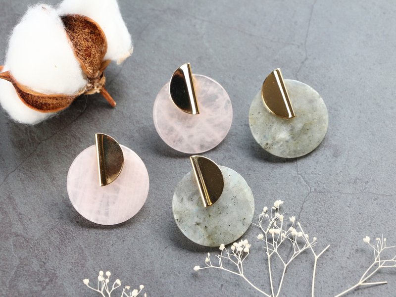 Geometric Rose quartz or Labradorite pierced earrings/can change to clip-on - 耳環/耳夾/耳骨夾 - 其他金屬 粉紅色