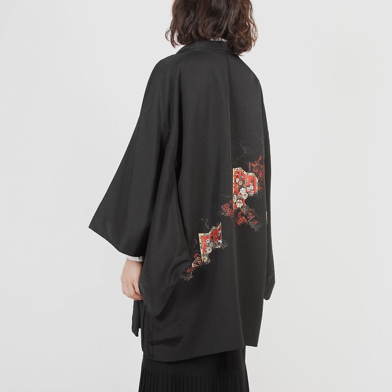 [古代の卵の植物]ヴィンテージ着物羽織りカラースクリーン印刷 - ジャケット - ポリエステル ブラック