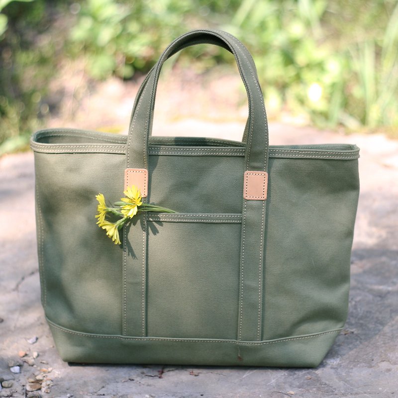 leather and canvas tote bag/moss - กระเป๋าถือ - ผ้าฝ้าย/ผ้าลินิน สีเขียว