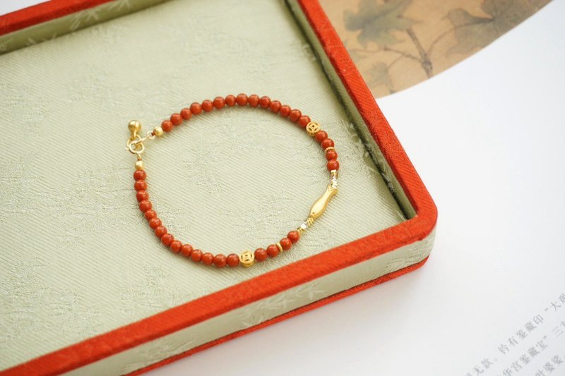 7*8mm Natural Sichuan Material Southern Red Agate Ancient Silver Scripture Design Single Circle Bracelet S - สร้อยข้อมือ - เครื่องประดับพลอย สีแดง