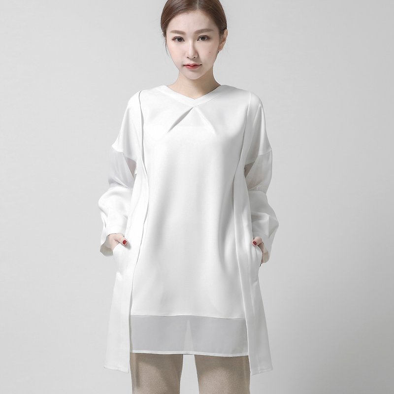 SU: MI said Muse muse splitting different material shirt _7AF102_ white - Women's Tops - Polyester White