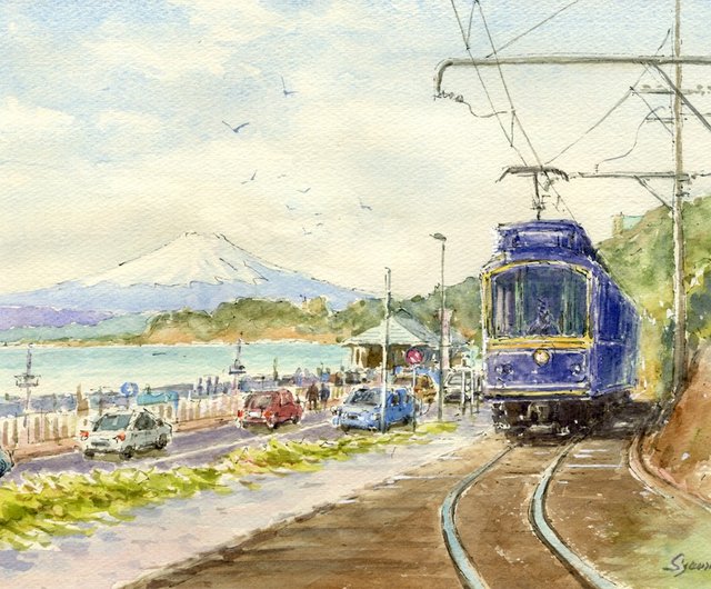 水彩画原画 富士山と江ノ電・七里ガ浜