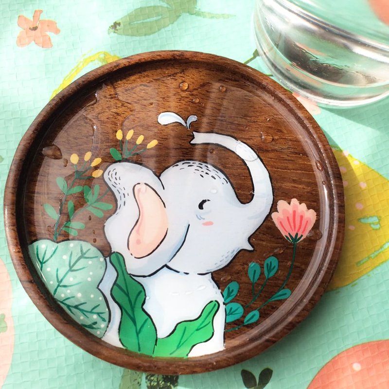 Wooden coaster water spray elephant - 杯墊 - 木頭 藍色