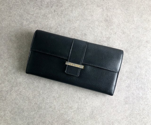 日本直送名牌中古包】CELINE セリーヌ財布ブラックロゴレザー長