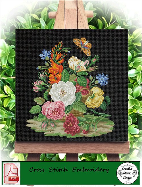 CreativeStudioElenka Vintage Cross Stitch Scheme Flowers and butterflies - PDF Embroidery Scheme
