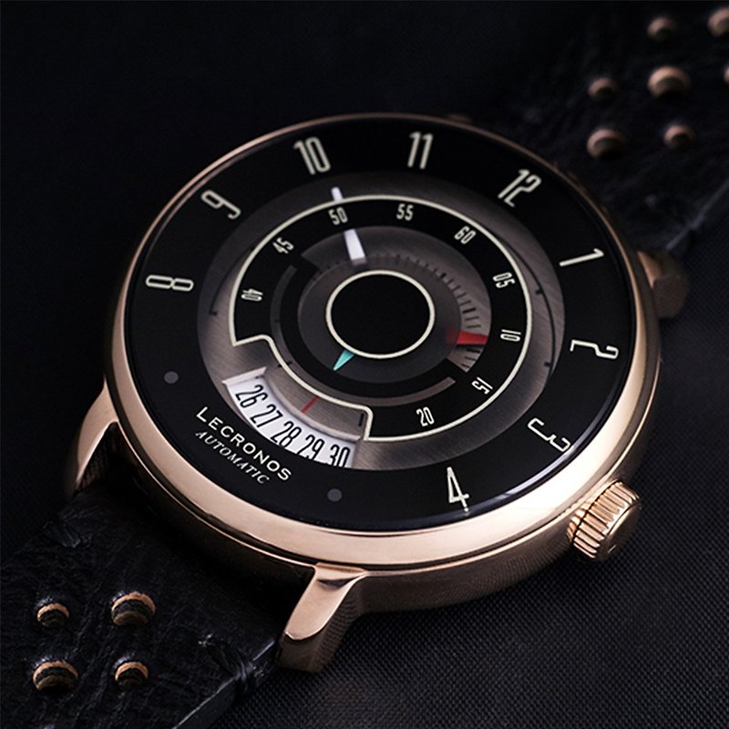 利諾斯經典跑車系列 – 純黑玫瑰金殼皮帶 - 男裝錶/中性錶 - 不鏽鋼 黑色