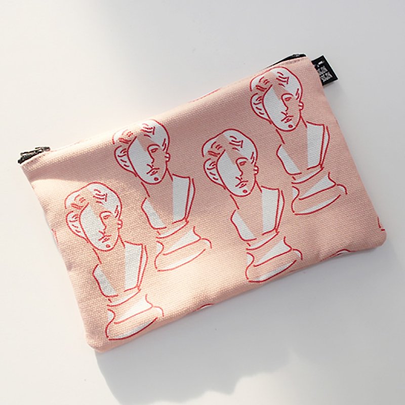 Gypsum portrait pink canvas zipper storage bag - กระเป๋าเครื่องสำอาง - ผ้าฝ้าย/ผ้าลินิน สีส้ม