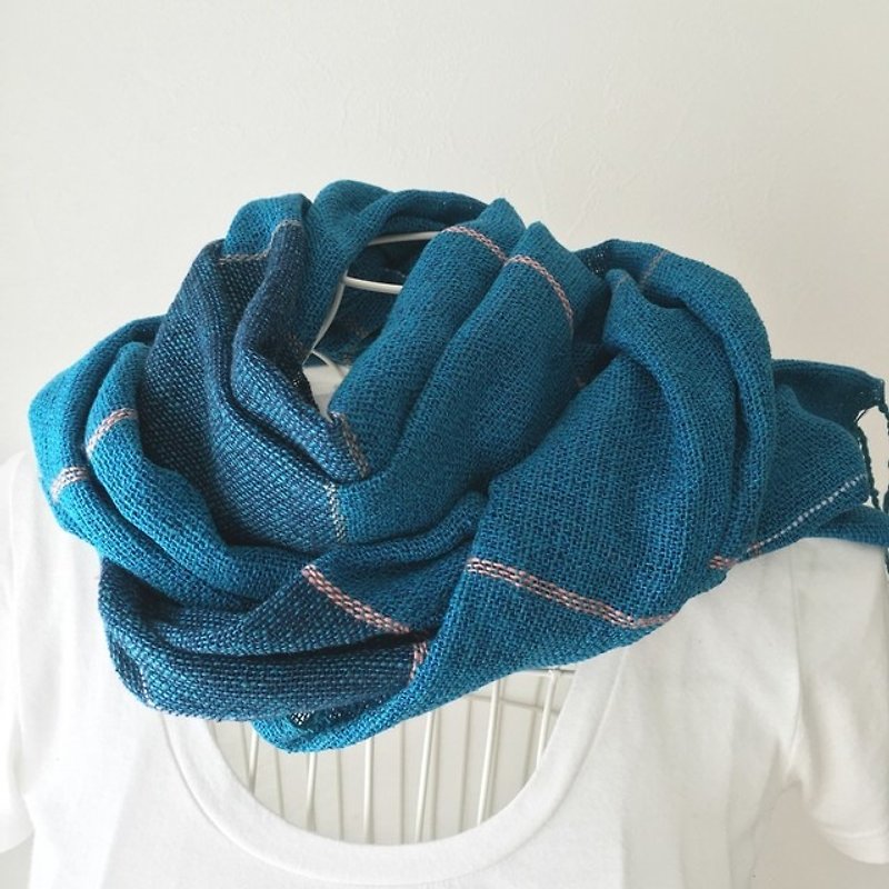 [Silk] Handwoven stole Blue Stripe 2 - Knit Scarves & Wraps - Cotton & Hemp Blue