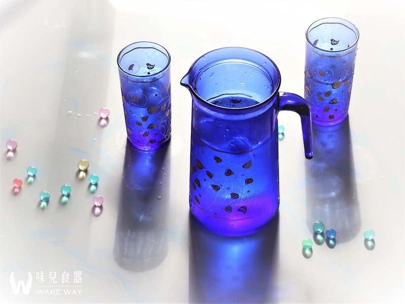 早期壺杯組－藍寶石裏的玫瑰園  (餐具/舊貨/老物/玻璃/圖花) - 茶具/茶杯 - 玻璃 藍色
