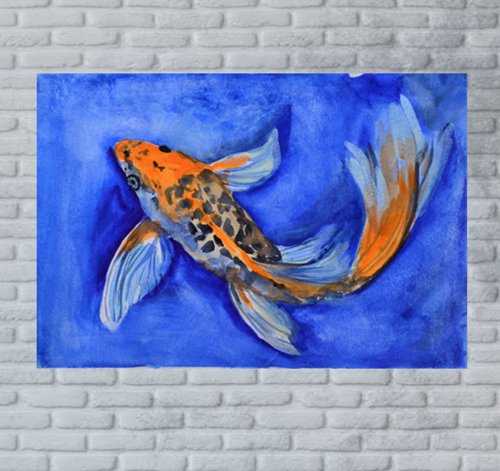 鯉の絵 鯉の魚 オリジナルアート 鯉の池のアートワーク 動物 ウォール