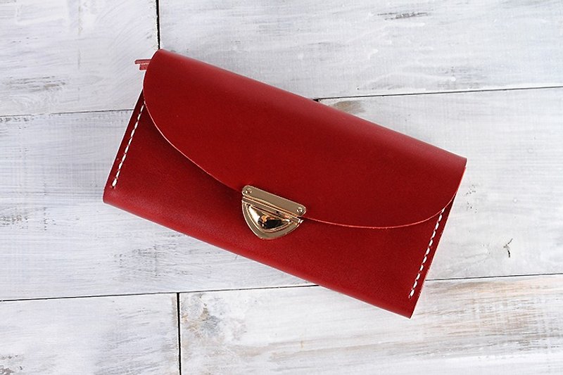 [Send] tangent organ handmade leather wallet / Bulk folder retro long paragraph 006 red wine - Clutch Bags - Genuine Leather Red